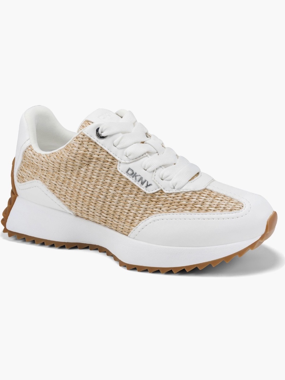 DKNY White & Natural Woven Runner Sneaker with Gum Sole
